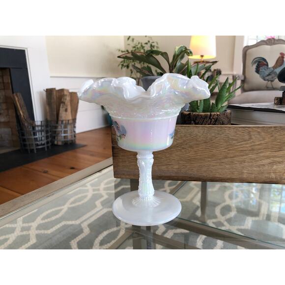 Vintage Fenton Hand Painted Ruffled Pedestal Dish - Picture 2 of 9